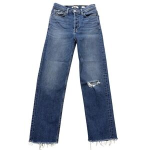 RE/DONE‎ High Rise Straight Jeans Womens 26 Dark Worn Distressed Raw Hem